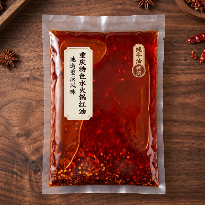 重庆特色水火锅红油，袋装商品，新中式电商风格，展示红油浓郁红亮光泽，突出地道重庆风味卖点，新中式木纹背景，大气简洁，适配淘宝天猫平台，1:1比例预览效果