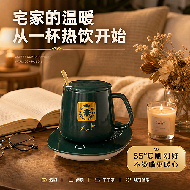 [主图-5] 居家场景型，温馨居家下午茶/阅读场景，生活方式代入。
[统一基调] 风格=轻奢高级家居商业摄影风；主色=墨绿色+香槟金；背景=温馨居家客厅/书房场景；标题字=粗黑体+白色/金色；辅助字=简洁无衬线黑体；强调色=香槟金；组件=金色装饰线、圆角信息卡。
[画面] 产品放在木质茶几或边桌上，保温杯+加热底座+金色勺子全套展示；占画面50%；旁边有打开的书本、一副眼镜、一小束干花、香薰蜡烛等居家道具；背景是温暖的居家客厅（布艺沙发、落地灯虚化），暖黄色灯光营造慵懒惬意的下午茶氛围；整体暖调温馨。
[光影质感] 暖黄色台灯光+环境漫射光；产品表面有暖光反射，陶瓷釉面温润；桌面柔和投影；整体光影柔和温暖，有居家松弛感。
[配色] 暖木色+米白布艺+墨绿色产品+金色点缀；暖色调整体氛围，墨绿色产品成为视觉焦点。
[文字版式] 左上角主标题"宅家的温暖 从一杯热饮开始"白色粗体；右下角金色圆角卡片写"55°C刚刚好 不烫嘴更暖心"；底部小字"追剧 阅读 下午茶 时刻温暖"；文字全部横排。
[输出要求] 800×800 1:1正方形，2K分辨率，场景温馨有代入感，产品完整清晰；负向：变形、错字、模糊、冷蓝调、白/灰底、极限词、竖排文字、杂乱背景。