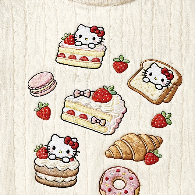 服装电商卖点细节特写图，只展示米白色麻花针织毛衣胸前Hello Kitty甜品刺绣图案的局部细节，保留原图衣服款式、颜色、面料花纹完全不变，高清商业摄影，柔和无影棚拍灯光，干净纯白色背景，锐利细节，清晰展示针织面料肌理、刺绣走线做工、布料质感，无阴影杂乱，8K超清，电商详情页专用，写实风格，无畸变，不要多余杂物，无模特无人脸