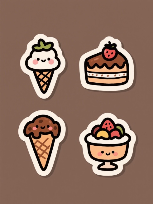一套4个手绘风格图标，每个图标都是单一轮廓线条勾勒的可爱食物，线条为深棕色，内部填充不同的柔和纯色，图标边缘有轻微的浅色内阴影，整体风格保持一致的简洁手绘感，图标内容分别为草莓蛋糕、冰淇淋甜筒、巧克力预览效果