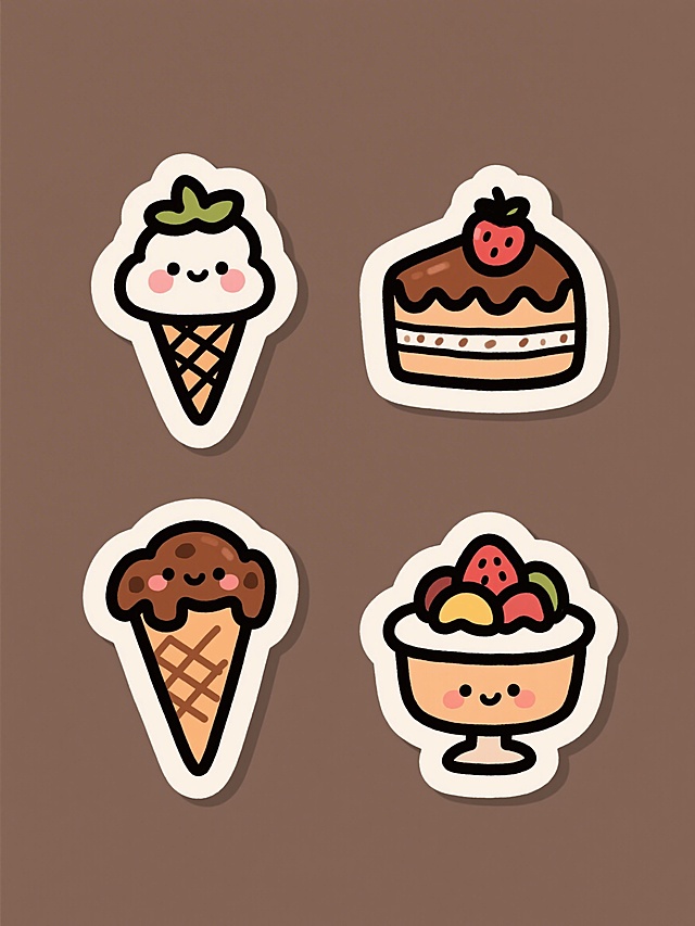 一套4个手绘风格图标，每个图标都是单一轮廓线条勾勒的可爱食物，线条为深棕色，内部填充不同的柔和纯色，图标边缘有轻微的浅色内阴影，整体风格保持一致的简洁手绘感，图标内容分别为草莓蛋糕、冰淇淋甜筒、巧克力曲奇、水果布丁，4个图标规整地排列在纯色背景上，每个图标色彩鲜明且各不相同，形成系列感。