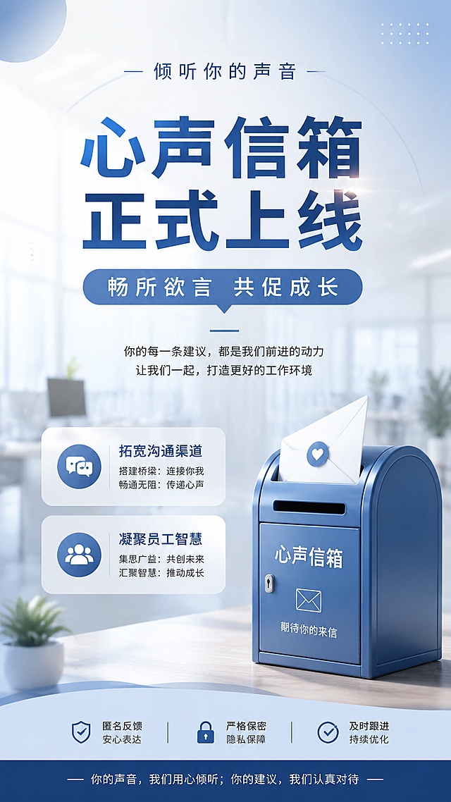简约商务正式风，企业通知海报，主标题 "心声信箱 正式上线"，副标题 "畅所欲言 共促成长"，装饰文案 "倾听你的声音"，卖点 "拓宽沟通渠道" "凝聚员工智慧"，大标题居中排版，信息卡片分区，浅灰蓝色干净渐变背景，简约办公场景虚化做背景层，留白舒适，排版精美，文字清晰可读，整体风格正式专业，核心目标是向员工传达员工心声信箱上线信息，鼓励大家积极反馈，4K超高清，画质细腻，光影柔和，画面比例9:16