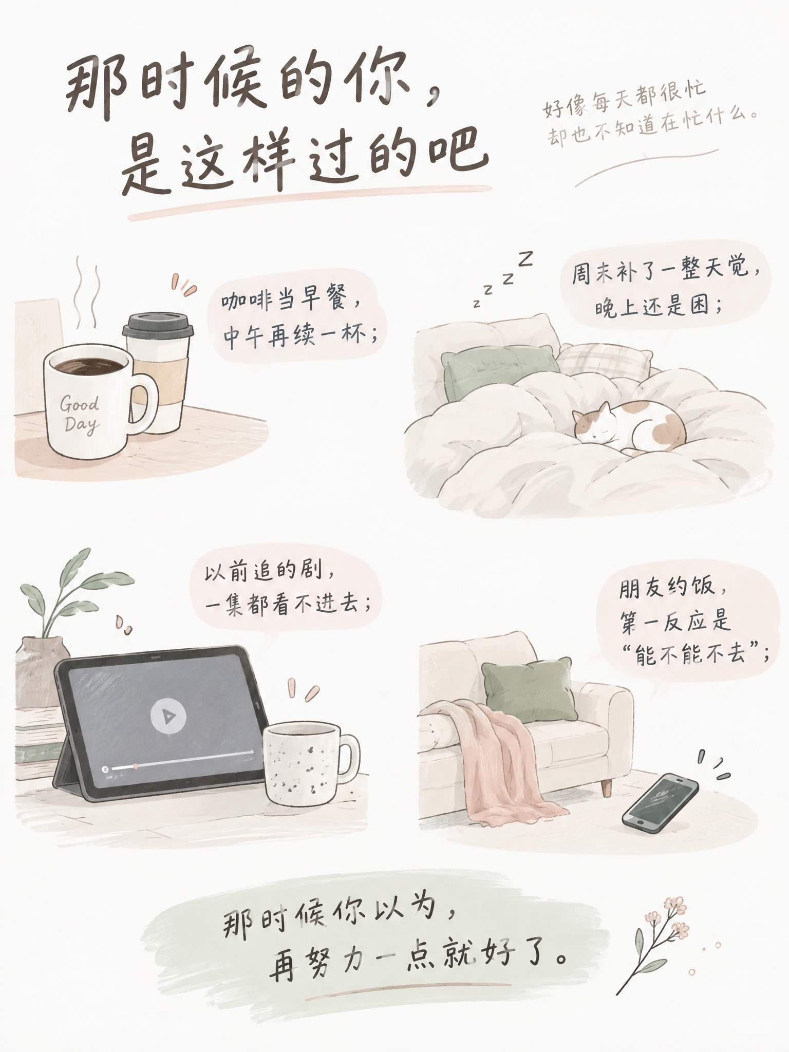 温柔简约手绘插画，干净浅灰白色背景，低饱和莫兰迪配色，松弛氛围… - 图片创意预览