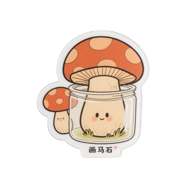 现在我要为画马石这个品牌设计衍生文创产品：立体冰箱贴盲盒：共五个款式。第一个：鱼罐头冰箱贴、第二个虾罐头冰箱贴、第三个菇罐头冰箱贴、第四个两个小鱼干冰箱贴、第五个一条大鱼冰箱贴。用五张照片呈现给我预览效果