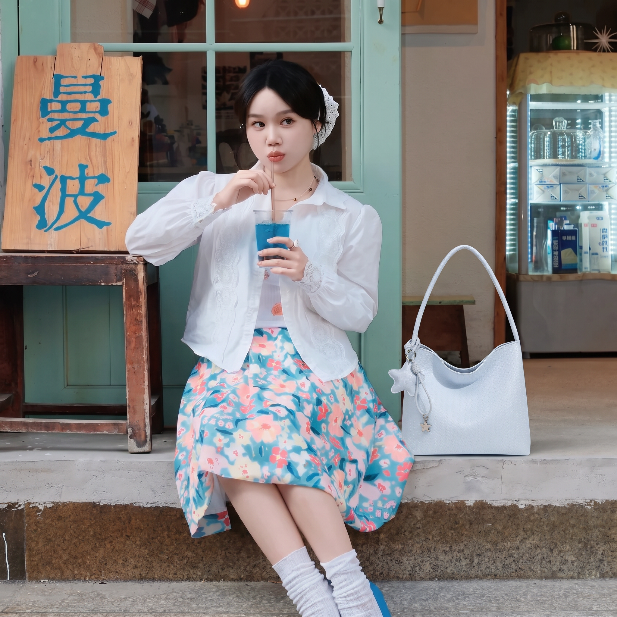 请将参考图1的【浅蓝色编织手提包】1:1 还原其形态、品牌标识… - 图片创意预览