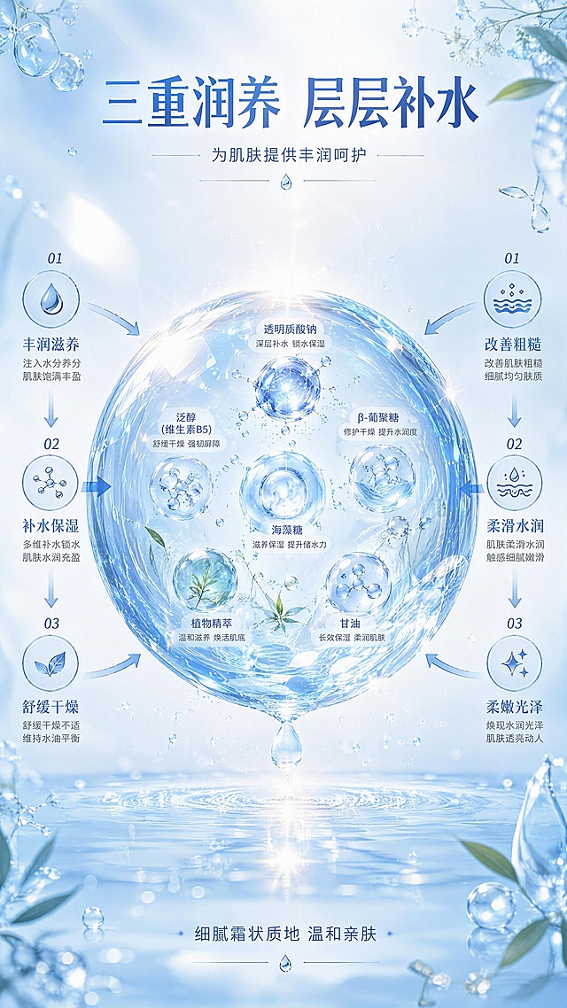 [第3张] 成分与功效机理页-补水保湿链路可视化。本张为成分机理专页，不强制垫产品外观图，以成分水光元素为主视觉。
[氛围/风格] 科研感水光护肤风，高级通透，分子结构与水感元素大尺寸呈现，内容丰富专业。
[元素布局] 画面中央为一颗巨大的透明水分子球（占画面40%以上），内部悬浮多层保湿因子与植物精华微粒，周围环绕流动的水波纹与水光粒子；水分子球左右两侧各有一条功效链路箭头，从「丰润滋养」指向「补水保湿」再指向「改善粗糙」；背景为深浅渐变的蓝白色水光背景，底部有淡蓝色水面倒影；画面四角点缀微量植物叶片剪影与精华液滴；整体主视觉元素占比≥60%。
[光影质感] 中心发光主光源从水分子球内部透出，四周柔光晕染，水球表面有清晰高光折射，整体晶莹剔透，科技感与温润感兼具。
[配色色系] 全局底色 #E8F2FB（浅蓝水光白）；主色透明水蓝+白色；辅助色品牌蓝 #2B7BC4、浅金高光。
[视角构图] 正面居中对称构图，水分子球为绝对视觉中心，阅读动线顶部标题 → 中心机理 → 两侧功效链路 → 底部说明。
[文字版式] 顶部主标题「三重润养 层层补水」，副标题「为肌肤提供丰润呵护」；水分子球左右两侧各3组编号功效点，左侧：「补水保湿」「丰润滋养」「舒缓干燥」，右侧：「改善粗糙」「柔滑水润」「柔嫩光泽」，每组配简约线性图标；底部小字说明「细腻霜状质地 温和亲肤」；文字层级清晰，主标题大号加粗。
[比例分辨率] 9:16竖版比例，4K分辨率，文字清晰可辨，高清画质。
[负向提示词] 文字错乱，文字过小，分子元素模糊，背景杂乱，水印，医疗化表述，绝对化用语。