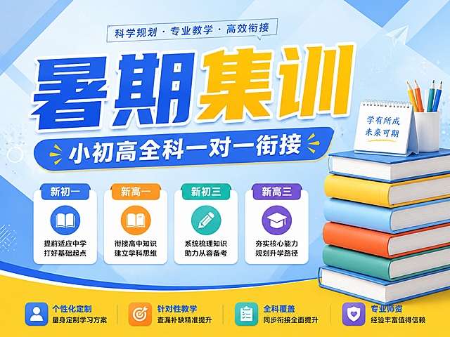 4:3比例教育培训推广海报，主色浅蓝色搭配黄色，主标题“暑期集训”，副标题“小初高全科一对一衔接”，卖点涵盖新初一新高一新初三新高三，搭配堆叠书本装饰，背景浅蓝色几何渐变，文字清晰醒目，版式精美，禁止出现提分、弯道超车等违规词汇，4K分辨率