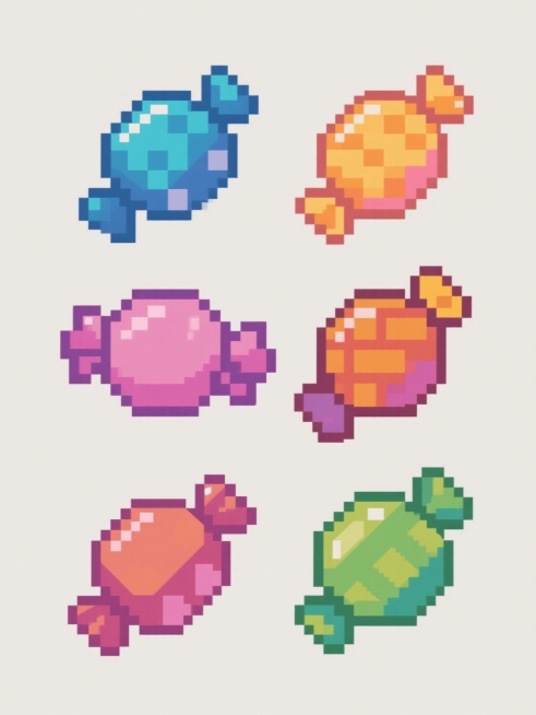 一系列6个不同配色、不同样式、不同材质的像素风格糖果造型，每个糖果具有鲜明的像素块构成特征，边缘清晰，色彩明快，采用规整的网格状排布，整体造型简约现代，背景为纯色，无任何文字、logo和水印，保持8-bit复古像素艺术的视觉质感，每个糖果的像素细节丰富，色彩对比鲜明，呈现出可爱且具有复古电子游戏风格的视觉效果。预览效果