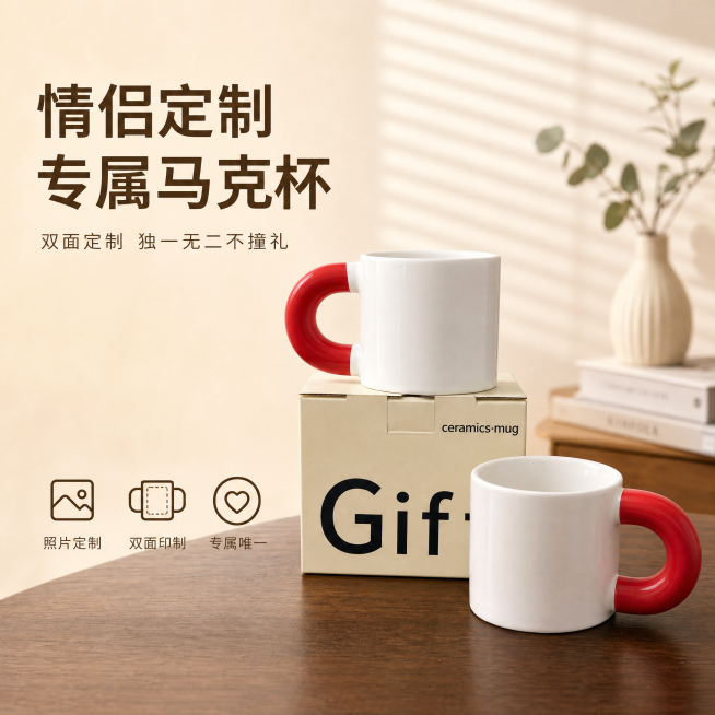 [单张主图] 情侣照片定制马克杯，高级氛围感礼物主图，目标是突出定制专属感和情侣礼品卖点。
[画面主体] 展示两个情侣照片定制马克杯，一个放在米色Gift礼盒上，一个放在深棕色木质桌面，马克杯保持纯白预览效果