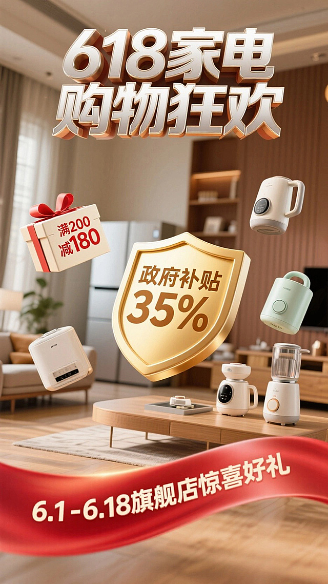 顶部金属标题"618家电购物狂欢"，左侧礼盒悬浮标注文案"满200减180"，右侧各种小家电，底部红飘带文案"6.1-6.18旗舰店惊喜好礼"，中央悬浮"政府补贴35%"金色盾牌徽章。背景室内环境模糊，穿插家具产品悬浮