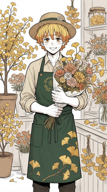 保持原图日系漫画线稿上色风格，生成我妻善逸形象的花店服务员，更换为全新服装和不同动作，加入银杏植物元素预览效果