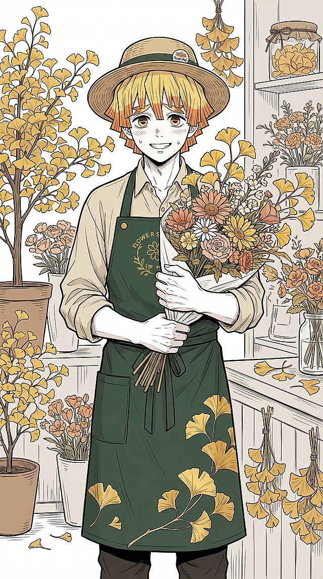保持原图日系漫画线稿上色风格，生成我妻善逸形象的花店服务员，更换为全新服装和不同动作，加入银杏植物元素