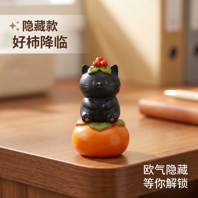 [主图 3] 隐藏款细节特写。氛围风格：简约办公桌舒缓治愈风，柔和光影。画面元素：重点放大展示隐藏款黑猫猫好柿降临摆件，放置在办公桌面一角，背景虚化，突出可爱造型和细节质感，保持产品外观与原图一致。配预览效果