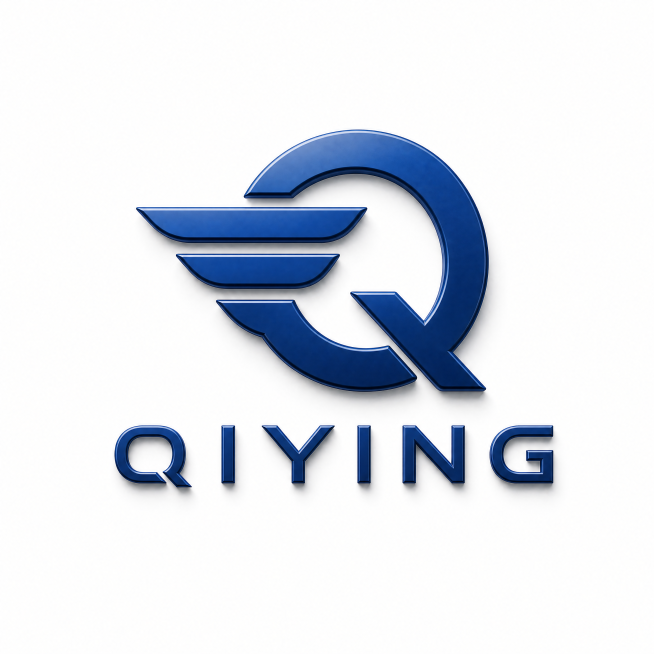 设计适合申请商标的立体logo，保留QIYING文字和带翅膀的字母Q元素，做立体效果处理，图标可适当优化，深蓝色，简约专业的商业风格预览效果