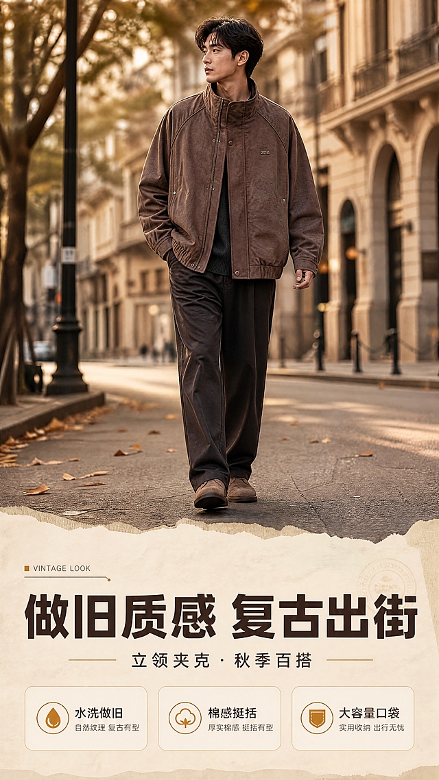 [商品] 使用【图1】深棕色做旧水洗立领拉链夹克（男士宽松短款）；保留高立领、单排5颗圆形按扣门襟、插肩袖、两侧斜插贴袋+银色铆钉加固角点、松紧收口下摆、可调节按扣袖口、左胸COTTON金属铭牌及深棕做旧水洗纹理原貌；商品本体铭牌文字COTTON保持原样不修改；自然去除衣身、袖口与下摆杂乱褶皱并理顺垂坠，增强棉感面料织纹、做旧水洗纹理、明线、按扣、铆钉与铭牌的金属质感，不改变版型、颜色与结构。
[画面] 目标：首张风格海报，吸引点击。构图：亚洲成年男模占画面中上部约65%，全身七分站姿，城市街区自然行走感；上方与两侧为秋日城市虚化背景，下方留完整横向文字区；阅读动线自上而下（人物→标题→卖点）。背景：傍晚暖光街景，地面有轻阴影，落叶或复古建筑元素点缀。
[视觉] 套系策略：风格=复古工装休闲商业摄影；标题字=现代无衬线粗体；正文字=简洁无衬线体；主色=深棕可可；背景延展=暖沙米白与浅棕的深浅层级、做旧纸张与街景灰调质感；强调色=暖黄铜，仅用于小面积图标、引线和标签；标题色=深炭棕；正文色=中暖灰棕；组件=圆角浅底信息卡、细线引线、小号英文角标；光影=柔和晨昏自然光。
[文字] 横向排版：主标题「做旧质感 复古出街」；副标题「立领夹克 · 秋季百搭」；3个短卖点「水洗做旧」「棉感挺括」「大容量口袋」；小号英文装饰 VINTAGE LOOK；文字区在画面下方留白处，不遮挡人物与夹克细节。
[规格] 淘宝/天猫详情页，9:16竖版，1080×1920，4K；避免商品变形、颜色改变、版型改变、文字竖排/旋转/错字、冷蓝或蓝灰主色、COTTON铭牌文字改动、多余Logo、水印、二维码、绝对化用语。