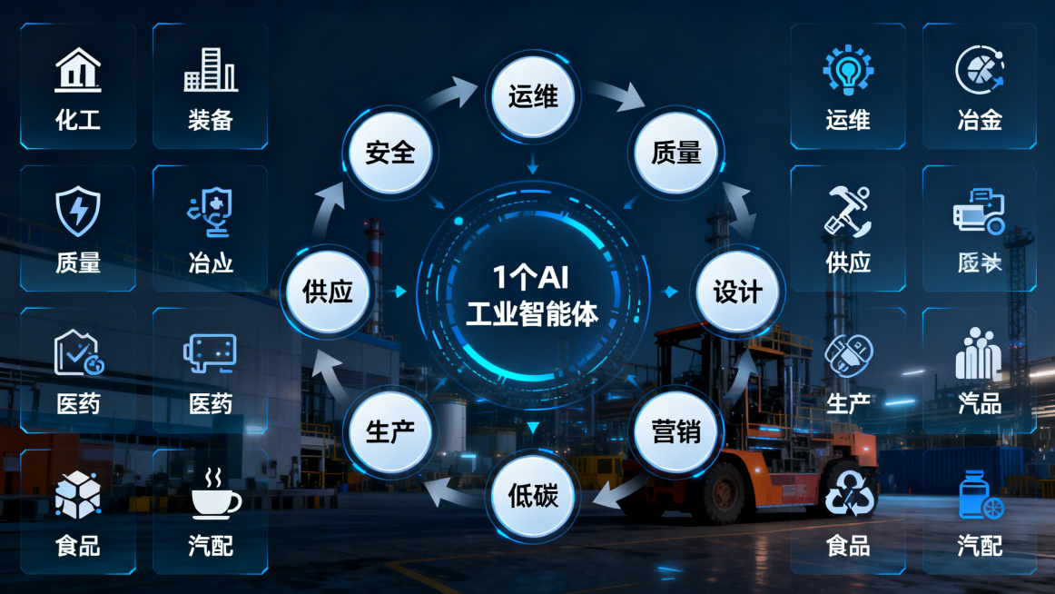 "1+8+N"数字化赋能体系架构图，中心是"1个AI工业智能体"，环绕中心8个节点分别标注：安全·运维·质量·供应·设计·生产·营销·低碳，外围矩阵排列多个行业图标，包含化工·装备·冶金·医药·食品·预览效果