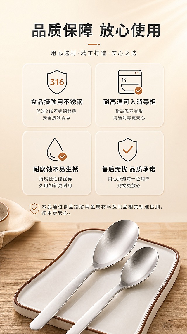 [商品] 使用【图1】316不锈钢平底勺（大小号组合）；保留产品结构、哑光银色、一体成型设计；产品置于画面下方，作为信任背书的视觉主体。
[画面] 页面目标：信任保障页，降低购买顾虑。构图：上下结构，上2/3为信任信息区，下1/3为产品展示。主体位置：画面底部大小勺组合摆放。主体占比约35%。景别：中景。阅读动线：从上到下。前景：木质台面纹理；中景：勺子+信任图标卡片；后景：暖米杏渐变背景，柔和光晕。场景：温暖安心的产品保障展示场景。
[视觉] 套系策略：风格=日式简约温暖商业摄影风；标题字=思源黑体粗体；正文字=思源黑体常规；主色=暖米杏；背景延展=基于暖米杏做深浅层级、同色渐变和细腻哑光质感；强调色=暖棕橘，仅用于小面积图标和对勾；标题色=深炭灰；正文色=中暖灰；组件=盾牌/对勾图标、圆角保障卡片、细线分割；光影=柔和暖光，营造安心氛围。
[文字] 顶部主标题「品质保障 放心使用」。4个信任保障点配图标：食品接触用不锈钢 / 耐高温可入消毒柜 / 耐腐蚀不易生锈 / 售后无忧 品质承诺。底部小字补充：本品通过食品接触用金属材料及制品相关标准检测，使用更安心。文字清晰可读，不遮挡产品。
[规格] 图片比例9:16竖版，分辨率4K，负向提示：避免变形、错字、文字过小、冷蓝/蓝灰背景、勺子形状改变、虚假权威认证、出现平台Logo水印、绝对化用语。