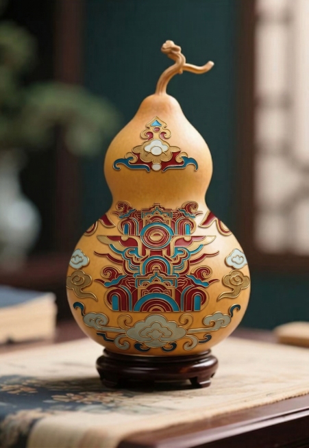 将图四的掐丝珐琅纹样应用到这个立体葫芦上，替换原有牡丹蝴蝶纹样，保持原葫芦的造型、黄色基底、立体实物掐丝珐琅工艺和场景不变，应用图四的建筑纹样，不要全涂满红色，保留原有葫芦的黄色底色，只替换纹样预览效果