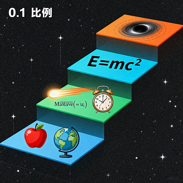 阶梯式上升图表——底层牛顿力学（苹果/地球图标），中层光速实验（麦克斯韦方程+钟表），顶层相对论（E=mc²+黑洞）。