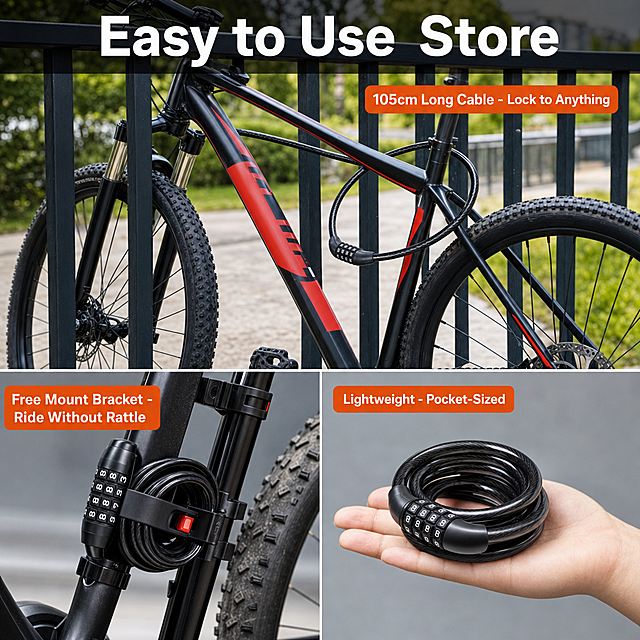 [主图4] 4-Digit Combination Bike Cable Lock 使用场景+锁架安装收纳展示图。锁车场景+锁架安装收纳。
[氛围风格] 真实使用场景风，户外骑行场景，实用直观，商业摄影质感。
[画质] 商业摄影质感、场景真实、产品清晰、光线自然。
[元素] 画面采用上下分栏布局：上半部分展示锁车使用场景，一辆山地自行车停在户外栏杆旁，4位密码钢缆锁穿过车轮和车架锁在栏杆上，展示105cm加长钢缆的使用方式，背景是户外公园/街道场景，自然光；下半部分左右分两格：左下展示锁架安装在自行车车架上的效果，锁收纳在锁架里，骑行时不晃动；右下展示轻量化便携，锁卷起来放在手掌旁，体现轻巧体积；锁的外观与主图1一致：黑色4位密码锁+黑色钢缆；整体画面直观展示使用和收纳方式。
[光影] 上半部分户外自然光线，明亮真实；下半部分室内/棚拍光线，产品清晰；整体光影统一偏明亮，真实感强。
[配色] 主色：户外自然色调+深灰背景；主品色：黑色密码锁+钢缆；强调色：白色文字+橙红色标签；整体真实自然。
[视角构图] 上下分栏布局，上半部分锁车大场景，下半部分左右两小格（锁架+便携）；阅读动线：上锁车场景 → 左下锁架安装 → 右下便携尺寸。
[文字版式] 顶部主标题 "Easy to Use  Store" 粗体无衬线，白色大号（叠加在场景上方半透明深色条上）；上半部分场景旁标签 "105cm Long Cable - Lock to Anything"；左下旁标签 "Free Mount Bracket - Ride Without Rattle"；右下旁标签 "Lightweight - Pocket-Sized"；所有文字为英文，清晰可读，不遮挡产品主体。
[比例分辨率] 1:1 比例，1K分辨率，文字清晰锐利，超高清商业摄影质感。
[负向提示词] 变形，水印，错字，糊字，伪Logo，主体遮挡，背景杂乱，低清晰度，错误结构，白底，纯白背景，防盗刷标识，防水标识，中文文字，多余的手，畸形手，面部扭曲。