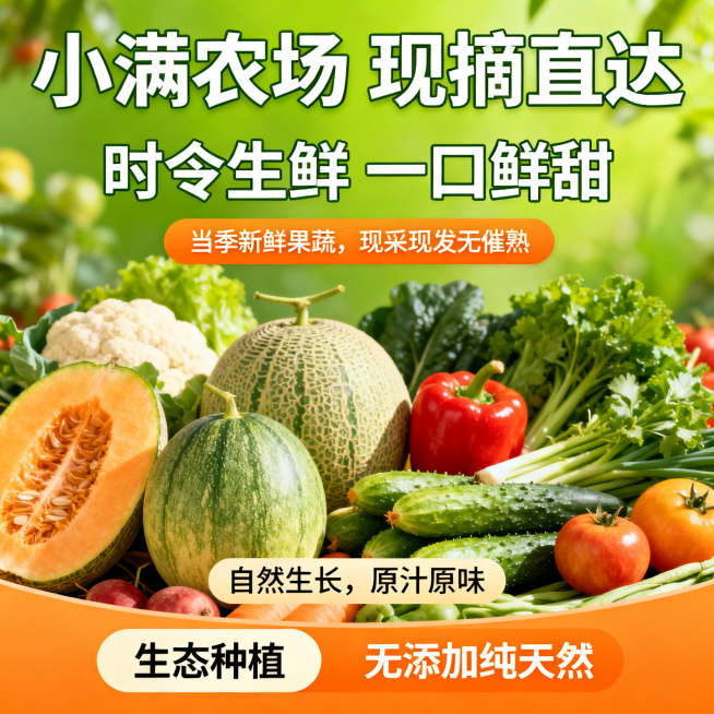 小满农场有机农产品促销海报，暖色调接地气，活力明亮鲜果风，亮绿加暖橙配色，实景果蔬实拍感，画面展示饱满新鲜的瓜果蔬菜、农家特产，标注生态种植、无添加纯天然核心卖点，文案：主标题"小满农场 现摘直达"，预览效果