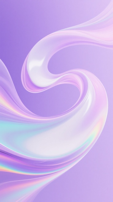 一幅紫色渐变背景的抽象流体艺术设计，以柔和的淡紫色、粉紫色为主色调，融入微妙的白色和浅青色光晕，呈现出流动的漩涡状波浪形态，边缘带有细腻的彩虹色光泽，整体风格梦幻、轻盈、具有现代感和视觉张力，色彩过渡自然平滑，光影效果柔和且富有层次感，保持紫色系的和谐统一。预览效果
