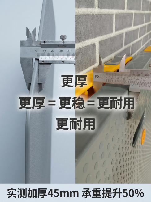 重新生成3:4对比风电商海报，严格做到左右分区：左侧为普通薄款车板的卡尺测量图，用浅冷灰色背景，卡尺刻度显示厚度很薄；右侧为本款45mm加厚车板的测量图，保留实拍的浅灰砖墙黄色防撞条背景，卡尺清晰展示预览效果