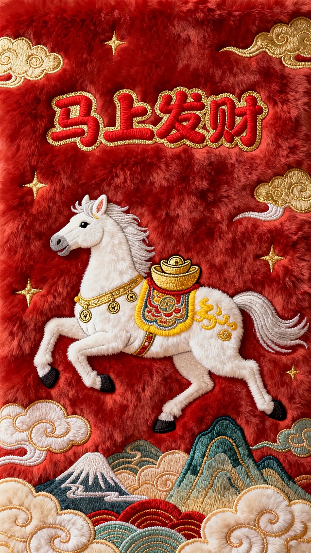 一幅以发财为主题的毛绒刺绣壁纸，整体采用平顺的红色长毛绒布料为背景，主体是一只奔驰的白色骏马，马背上有元宝铜钱，并点缀金、黄色，等敦煌元素装饰，马的脚下绣有丰富的云朵山峰等元素。上方是红色的“马上发财”四字，采用圆润可爱的字体，非书法体，边缘绣金色的轮廓线。点缀金色的祥云、星星等元素。