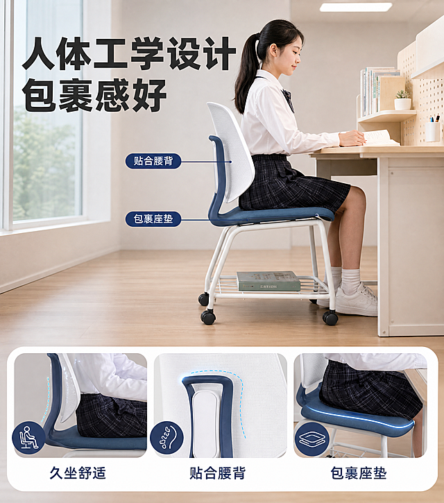 [主图-2] 功能与人体工学图：真人中学生试坐，可视化座椅包裹感与腰背贴合。
[统一基调] 简约商务风：浅灰白墙面、浅木色地板、左侧落地窗透入柔光、顶部平板灯，现代教培学习空间；深灰近黑无衬线粗黑主标题，深蓝强调色胶囊标签与标注线，白色细线图标。
[画面] 一位中国初中生（女生，约13-15岁，校服或简约白衬衫，自然马尾，端正坐在椅上，背部贴合靠背、双手自然放在浅木色书桌上看书写字），侧面45度视角，产品外观严格与上传图一致，座垫软包颜色以第一张实物图为准：深蓝色（藏青/灰蓝）布艺软包座垫，表面细腻织物纹理、圆润带包裹曲线；白色哑光喷塑加厚碳素钢管框架、白色硬质塑料蜂窝纹理靠背、深蓝色U型连接件与背部中央竖向升降组件、座垫下方白色金属网格收纳书网、四腿外张配黑色双轮万向轮、无扶手；禁止出现绿色或果绿色座垫。画面七三分，上部真人坐姿与产品，下部一排胶囊画中画细节。
[光影质感] 左侧落地窗自然光加顶部平板灯，柔和商业摄影质感，人物肤色自然，椅腿与地面有自然接触阴影，无白底残留、无悬浮。
[配色] 浅灰白、浅木色为主环境色，深蓝座垫为画面点缀，深蓝作为文字与标注线强调色。
[文字版式] 上部左侧主标题“人体工学设计 包裹感好”最大最粗；用细线引线在腰部与座垫处标注“贴合腰背”“包裹座垫”；下部三个白色圆角胶囊标签横排：“久坐舒适”“贴合腰背”“包裹座垫”；文字放负空间，不遮挡人脸与产品。
[输出要求] 1:1 方形画面，2048像素清晰度，中文无错字，人物为中国初中生、禁止成年面孔与外国面孔，无平台Logo、无水印、无变形、无多余手指、无面部扭曲。