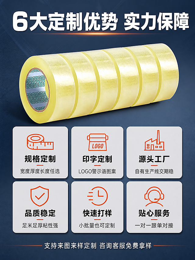 [商品] 使用【图3】六卷透明黄胶带组合图；保留胶带圆柱外形、透明黄色、卷芯纸筒、胶面光泽质感；不改变原有结构和颜色，胶带排列整齐清晰。
[画面] 页面目标：核心卖点总览，6大定制优势快速传达。构图：上中下结构，顶部标题、中部产品+卖点卡、底部补充说明。主体位置：画面中上部展示一组整齐排列的胶带卷，占画面约35%。景别：中近景。阅读动线：从上到下。前中后景：前景6个icon卖点卡、中景胶带产品、后景深蓝灰渐变背景。场景：纯背景信息展示页，无复杂场景。
[视觉] 套系策略：风格=1688 B端工业风 专业源头工厂感；标题字=粗黑体 厚重有力；正文字=常规黑体 清晰易读；主色=深蓝灰；背景延展=基于深蓝灰做深浅渐变、细微工业纹理；强调色=工业橙红，仅用于小面积图标、引线、标签和重点数字；标题色=白色；正文色=浅灰色；组件=圆角浅灰底信息卡、线性工业图标；光影=均匀柔光，产品有自然体积感和高光。
[文字] 顶部大标题"6大定制优势 实力保障"白色粗体大字；中部2行3列共6个icon卖点卡，每个卡含图标+标题+短说明：1.规格定制 宽度厚度长度任选 2.印字定制 LOGO警示语图案 3.源头工厂 自有生产线交期稳 4.品质稳定 足米足厚粘性强 5.快速打样 小批量也可定制 6.贴心服务 一对一跟单对接；底部一行小字"支持来图来样定制 咨询客服免费拿样"。文字均横排，字号保证手机端可读。
[规格] 图片比例3:4竖版，4K，避免变形、错字、文字过小、产品颜色改变、结构失真、水印、平台Logo。