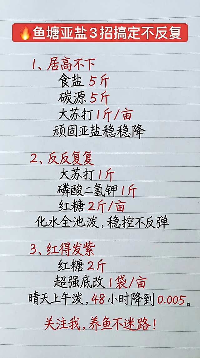 参照参考图的排版、字体、颜色，将图中内容替换为如下文字，文字排版布局合理，一字不差，其中所有具体数字都使用红色字体：🔥鱼塘亚盐3招搞定不反复
1、居高不下
食盐 5 斤
碳源 5 斤
大苏打 1 斤 / 亩
顽固亚盐稳稳降
2、反反复复
大苏打 1 斤
磷酸二氢钾 1 斤
红糖 2 斤 / 亩
化水全池泼，稳控不反弹
3、红得发紫
红糖 2 斤
超强底改 1 袋 / 亩
晴天上午泼，48 小时降到 0.005。

关注我，养鱼不迷路！