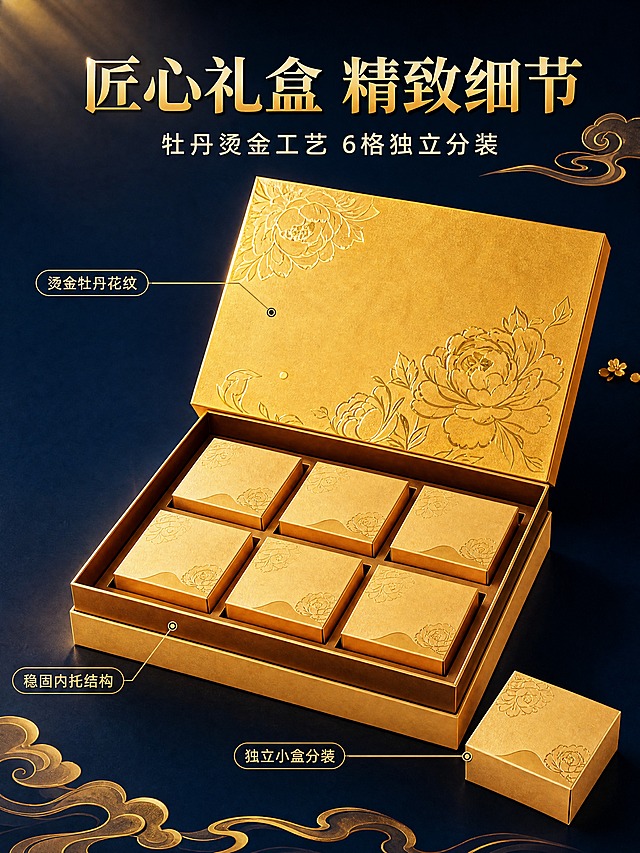 [商品] 使用【图1】中秋月饼礼盒；商品处理：保留金色牡丹花纹外盒、6格内盒排布、独立小盒的结构比例和金色材质；移除所有包装表面的"可定制LOGO"方框和文字，包装表面干净；展示礼盒开合状态和内部结构。
[画面] 目标：包装细节展示，突出精致做工与收纳结构。构图：俯视角45度，礼盒开盖放置在画面中央，内盒6格整齐排布清晰可见；盒盖斜靠在后方；旁边放一个单独取出的小月饼盒展示独立包装；背景深蓝渐变，金色祥云纹样点缀；主体占画面65%；突出礼盒的烫金工艺、牡丹花纹细节、内盒分隔结构。
[视觉] 套系策略：风格=高端产品细节摄影，精致3D渲染质感；标题字=粗宋衬线体，厚重典雅；正文字=现代无衬线体，清晰易读；主色=深靛蓝+暖金色；背景延展=深靛蓝渐变背景+底部金色祥云纹样；强调色=桂花黄，仅用于小面积装饰；标题色=烫金渐变金；正文色=米白暖金；组件=细金线引线标注、圆角金线小标签；光影=左上方暖金柔光，突出烫金质感和花纹细节，盒内有柔和漫反射光。
[文字] 顶部主标题"匠心礼盒 精致细节"（8字），副标题"牡丹烫金工艺 6格独立分装"（10字）；用细引线标注3处细节："烫金牡丹花纹""独立小盒分装""稳固内托结构"；文字不遮挡礼盒主体，全部横排。
[规格] 图片比例3:4竖版，分辨率4K，quality=medium；负向提示：避免变形、错字、文字过小、出现LOGO占位框、虚线框、包装文字错乱、冷蓝灰主色、低质感。