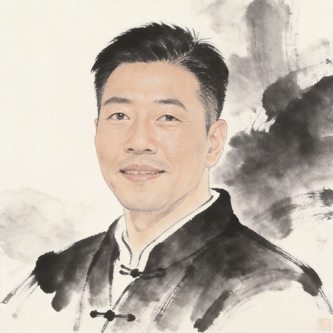 保留图中人物面部特征，生成新中式写意国风男士头像写真，水墨意境，儒雅气质，体现东方成熟男人魅力，方形构图预览效果