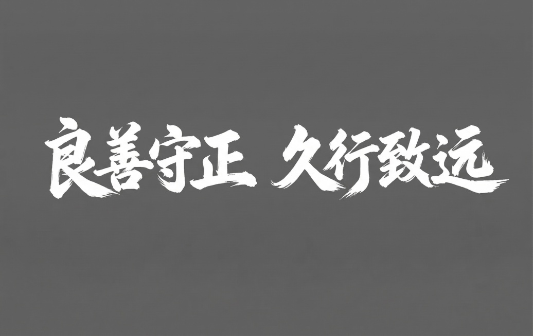 使用和参考图中相同的白色霸气毛笔书法字体，生成文字“良善守正   久行致远”，背景为深灰色，字体笔触有飞白效果，风格和参考图完全一致预览效果
