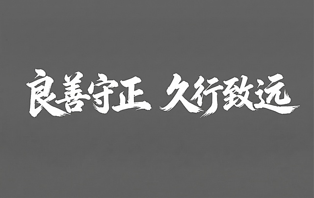 使用和参考图中相同的白色霸气毛笔书法字体，生成文字“良善守正   久行致远”，背景为深灰色，字体笔触有飞白效果，风格和参考图完全一致