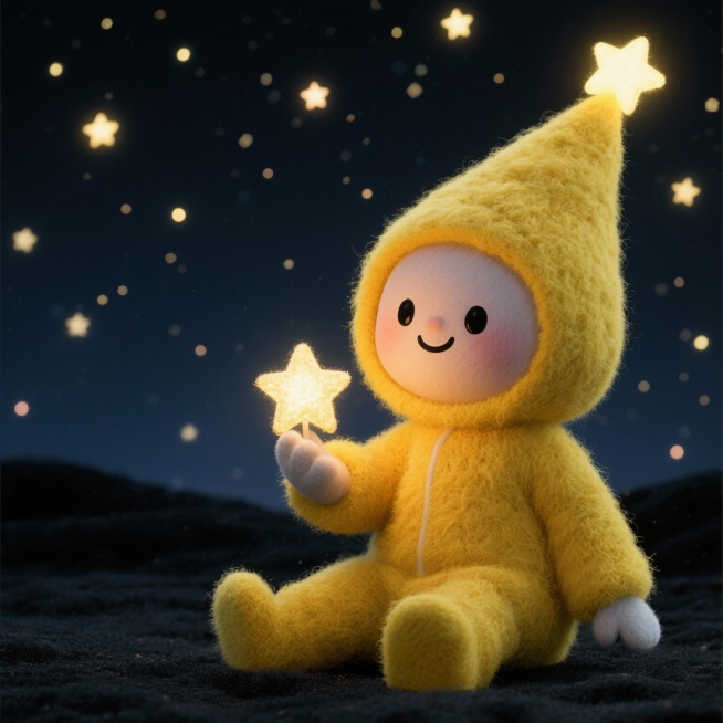 夜晚，潮玩IP星星人坐在黑夜里，穿着一身黄色连体毛绒外衣，连体衣的帽子是三角桶状的，帽子最上面的角有个发光的星星，手里捧着一个闪闪发光的星星，周围一篇漆黑，天空亮着很多星星，光照在小黄人的脸上，星星人预览效果