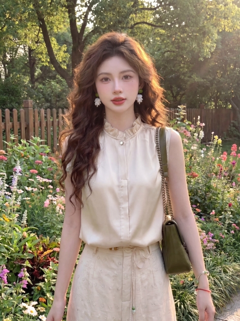 将图2中人物的上衣替换为图1的香槟色木耳边立领无袖缎面衬衫，保留人物姿势、发型、配饰和花园背景不变预览效果