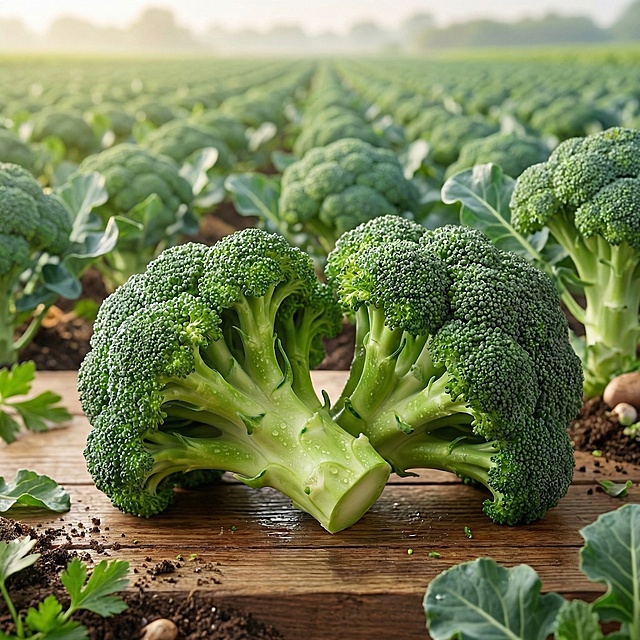 将当前背景更换为和西兰花有关的田园自然背景，保留西兰花主体不变，整体保持新鲜清新的感觉，适合电商主图展示，让背景和西兰花融合自然