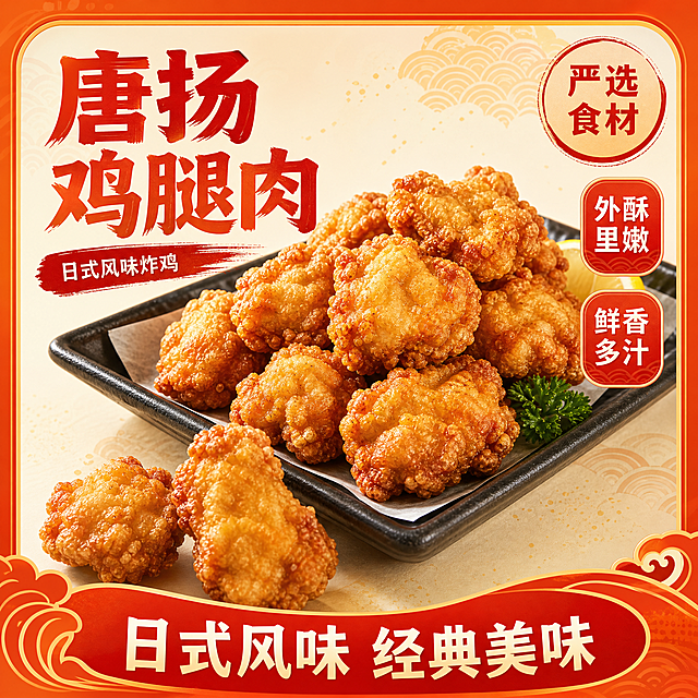 唐扬鸡腿肉电商主图，使用橙色和红色作为边框，和第一张相似度低，第二张换不同的产品摆放和文案排版，保持1:1比例，不包含冷链直达、重量、价格和赠品