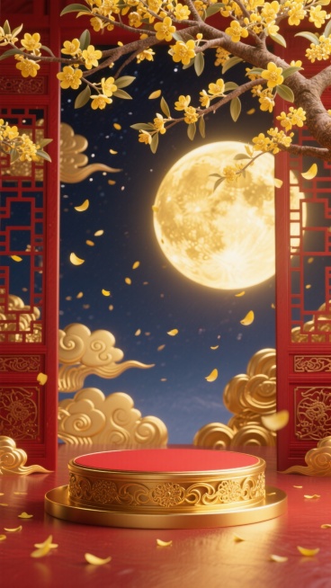 红金为主色调，画面下方是带金色装饰的红金色圆形展示台，后方夜空中悬着明亮的金色圆月，两侧有红金色雕花立柱（含中式镂空门窗细节），立柱周围环绕金色祥云，上方及四周点缀开满黄色花朵的桂树枝干（花瓣飘落）预览效果