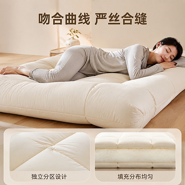 使用电商主图技能生成6张比例1:1的电商主图，适配平台为淘宝/天猫，商品为「图片1」，商品卖点为榻榻米厚床垫，立体独立仓填充，分布均匀不易塌陷，舒爽导湿 细腻柔软，吻合身体曲线全程严丝合缝