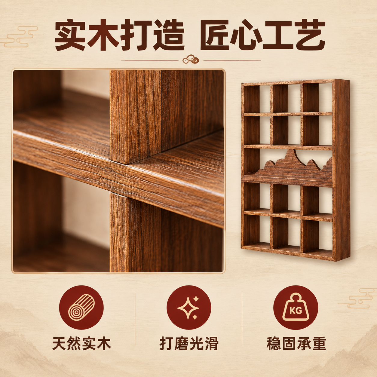 [主图-3] 实木展示架材质细节与品质卖点图，突出实木材质与做… - 图片创意预览