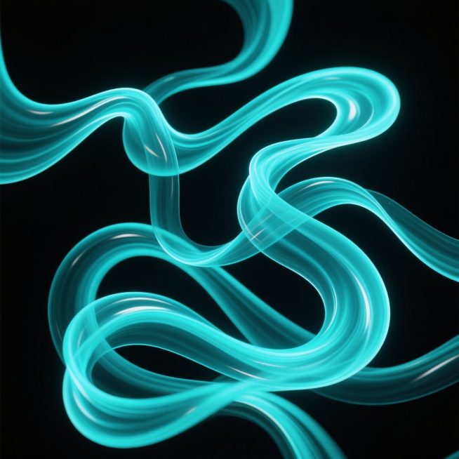 纯黑色背景上，流动着变换造型的蓝绿色流光，这些流光呈现出更加复杂且富有动感的卷曲、缠绕、交织形态，保持着原图中流光柔和的边缘、明亮的光泽感以及在深色背景上形成的强烈视觉对比，整体营造出神秘而梦幻的氛围。预览效果