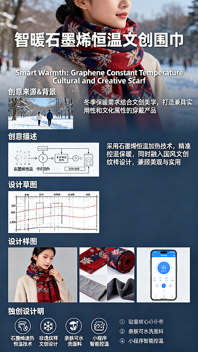 竖版创意设计海报，主题是“智暖”石墨烯恒温文创围巾，完全参考示例课桌椅海报的排版逻辑和板块布局：顶部为大幅产品场景背景+加粗中英文大标题，依次是创意来源&背景板块（配相关场景参考图+文字说明）、创意描述板块（配工作原理流程图+文字介绍）、设计草图板块（配产品结构手绘线稿示意图）、设计样图板块（配多角度实物展示图+配套智能系统界面图）、独创设计说明板块（配图标+分点核心优势介绍），整体风格清晰专业，文字内容贴合围巾产品：创意来源写冬季保暖需求结合文创美学，打造兼具实用性和文化属性的穿戴产品；创意描述写采用石墨烯恒温加热技术，精准控温保暖，同时融入国风文创纹样设计，兼顾美观与实用；设计草图展示围巾的发热模块分布、走线结构；设计样图展示围巾佩戴效果、细节工艺、配套控温小程序界面；独创设计说明分四点：石墨烯速热恒温技术、非遗纹样文创设计、亲肤可水洗面料、小程序智能控温