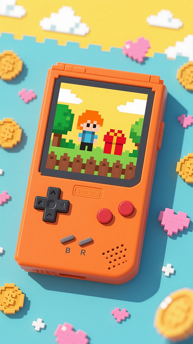 像素风格的橙色复古手持游戏机，屏幕内是像素化的游戏场景，包含绿色树木、棕色栅栏、橙色头发角色和红色礼物盒，背景是黄色天空和白色云朵，游戏机下方有十字方向键和B、R功能按钮，周围散落着像素金币和粉色心形装饰，整体呈现出怀旧、童趣的8-bit游戏视觉风格。