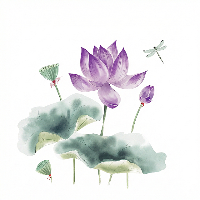 将荷花换成紫色，保持整体的水墨国风风格不变，保留荷叶、莲蓬和蜻蜓的布局不变