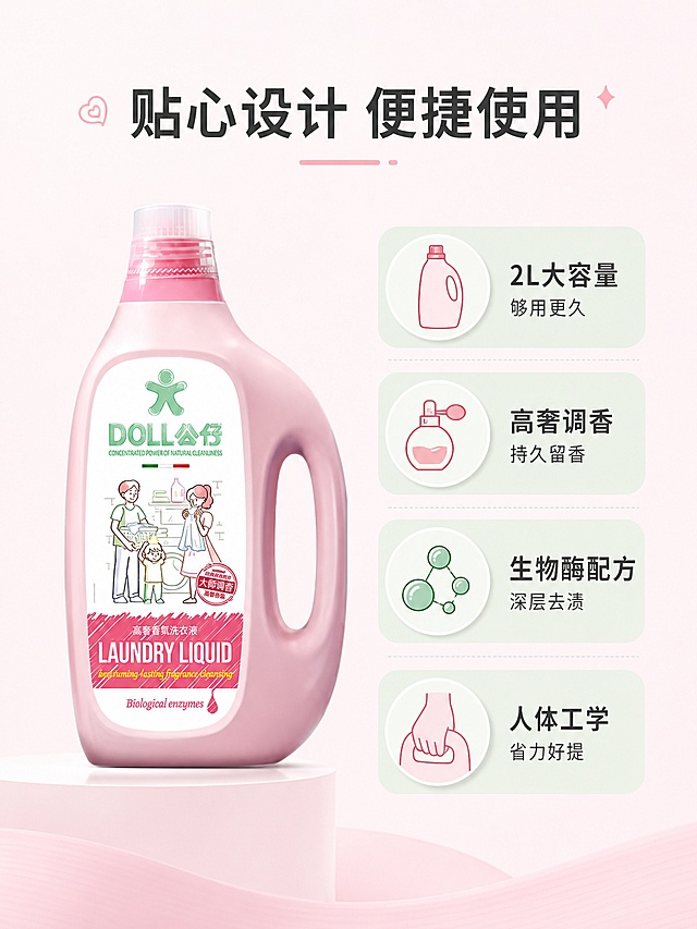 使用电商海报技能根据商品图「图片1」，生成5张电商海报，参考图为，内容主题为公仔高奢香氛洗衣液2l轻松去渍  持久留香，图片比例为3:4，生成高清详情介绍图