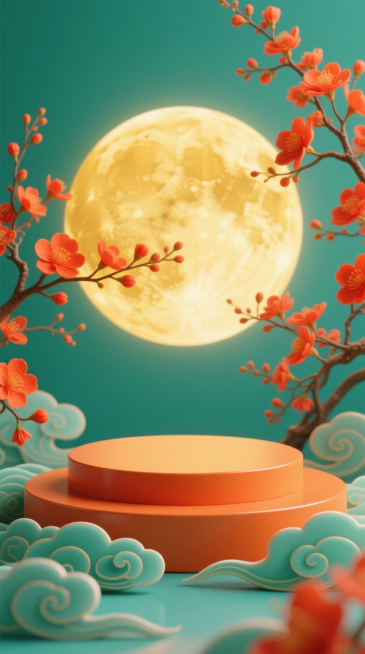 画面中心是双层圆形的暖橙色展台，背景是暖黄色满月，周围环绕着盛放的橙红色花枝，底部搭配层叠的祥云造型装饰，以青绿色、暖橙、柔黄为主色调预览效果
