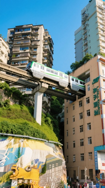 重庆城市风光，现代化跨座式单轨列车穿楼而过，多层错落有致的居民楼与高层建筑环绕，绿色植被覆盖的山坡，晴朗无云的蓝天，温暖明亮的阳光照射，写实风格，高清晰度，展现山城独特的立体交通与建筑景观，色彩鲜艳饱和，光影对比强烈，视角低平仰视，突出列车与楼宇的宏伟感，充满都市活力与地域特色。预览效果