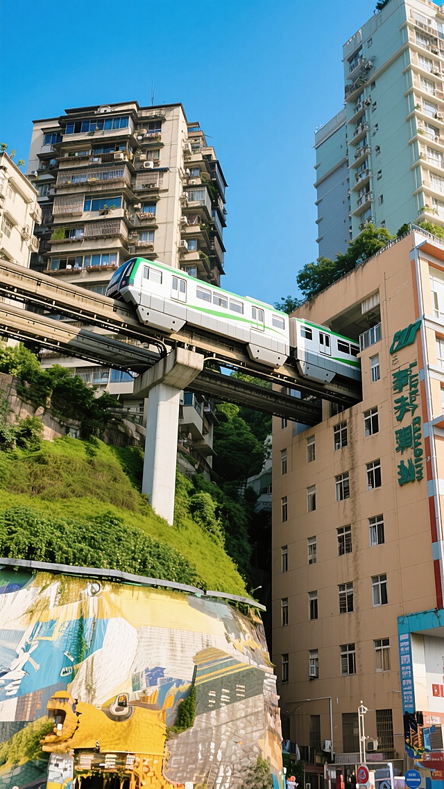 重庆城市风光，现代化跨座式单轨列车穿楼而过，多层错落有致的居民楼与高层建筑环绕，绿色植被覆盖的山坡，晴朗无云的蓝天，温暖明亮的阳光照射，写实风格，高清晰度，展现山城独特的立体交通与建筑景观，色彩鲜艳饱和，光影对比强烈，视角低平仰视，突出列车与楼宇的宏伟感，充满都市活力与地域特色。